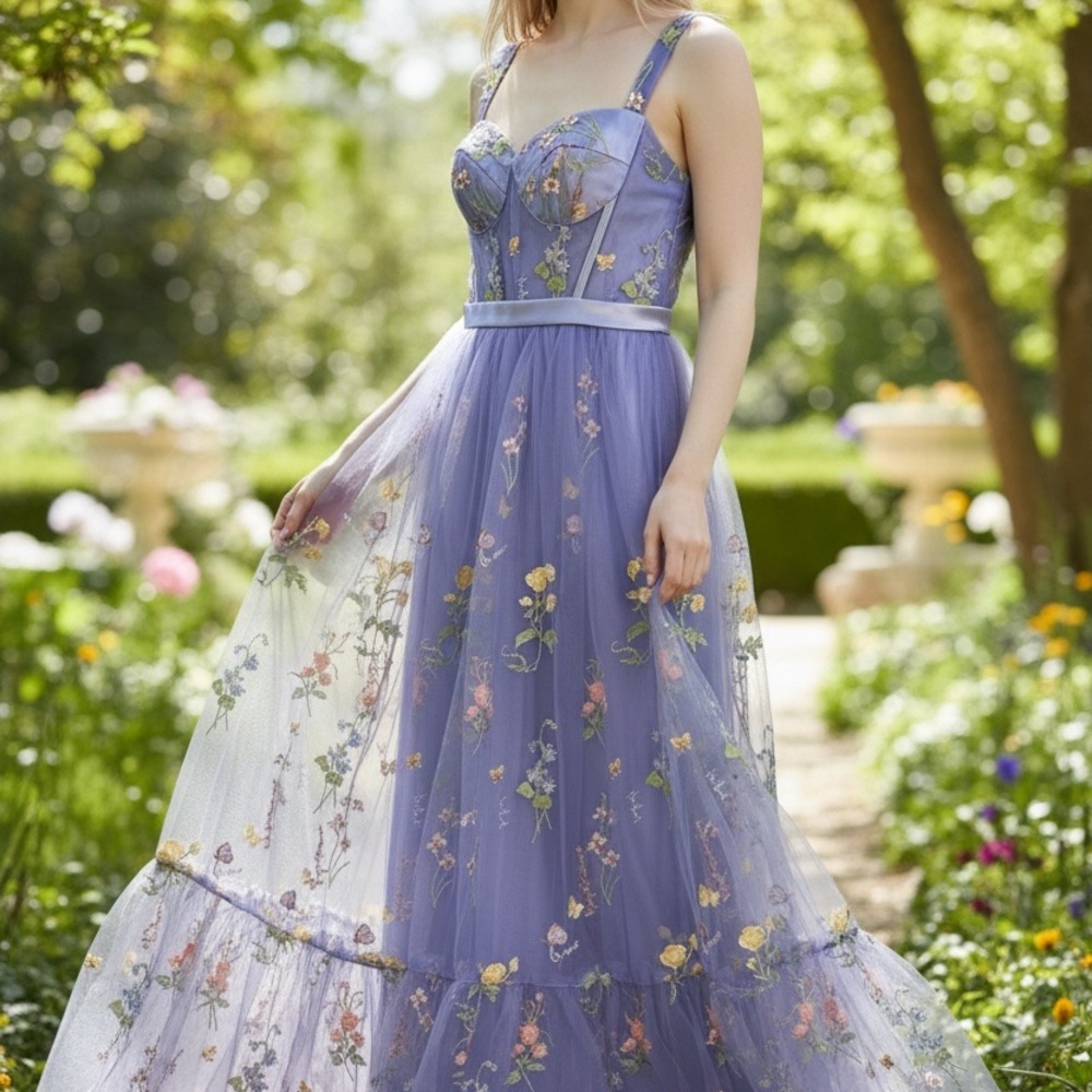 Elegant Lavender Floral Tulle Maxi Dress